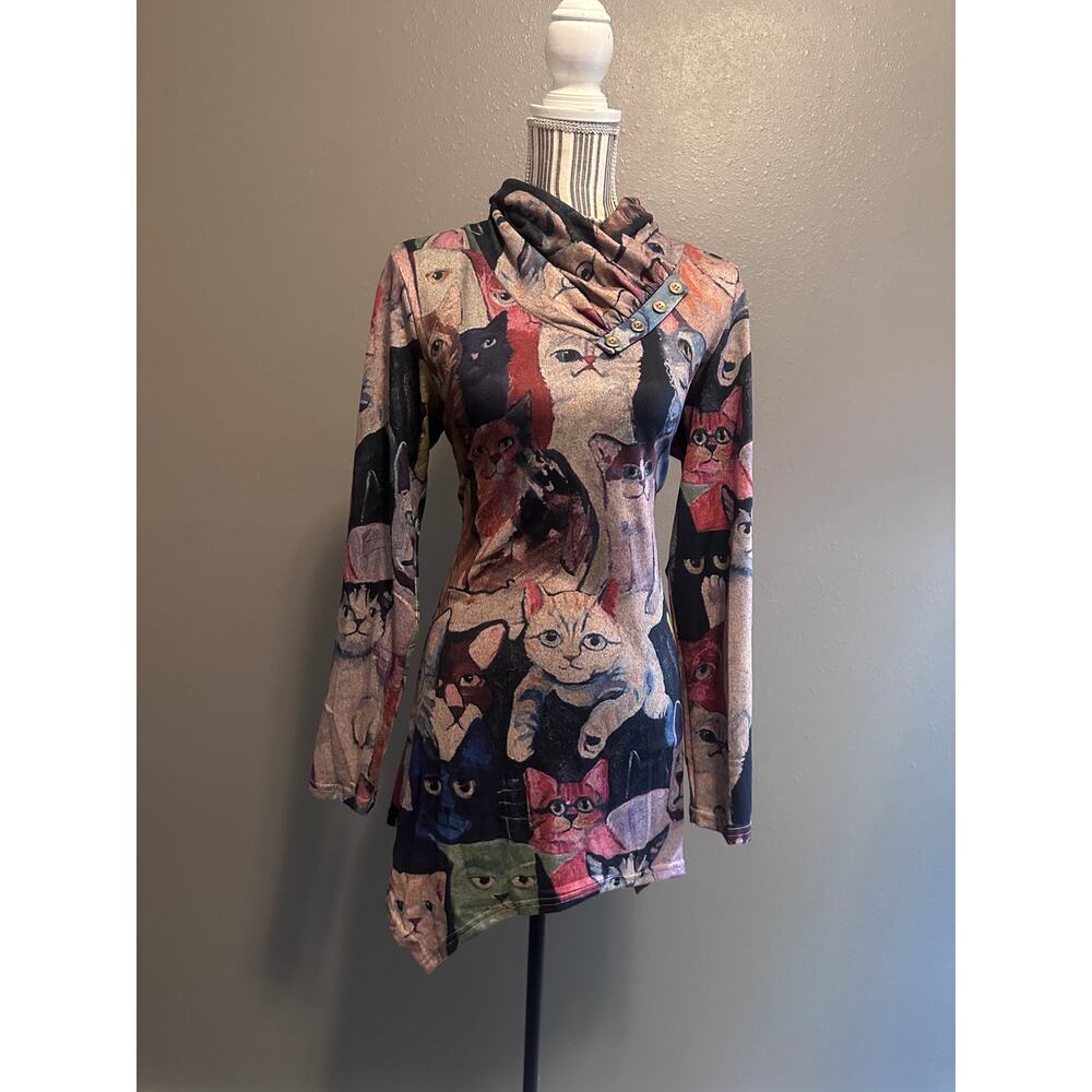 Cestyle Cat Print Tunic Top Womens M Cowl Neck Asymmetrical Boho Shirt